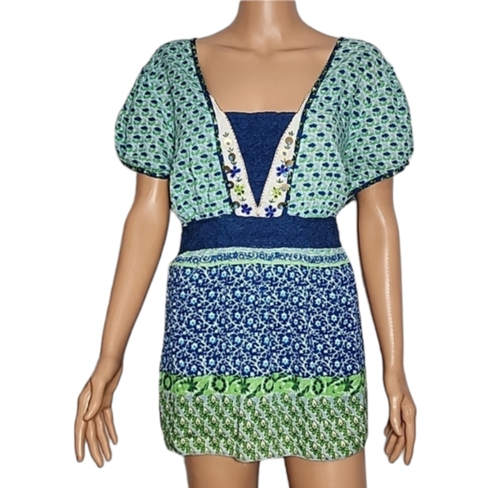 Dressbarn Womens Floral Short Sleeve Top Blouse Blue/Green Plus Size 3X
